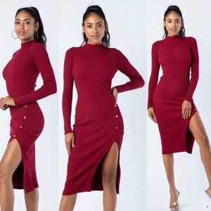 ‼️ Red Sweater Dress Leg Split Gold Buttons
